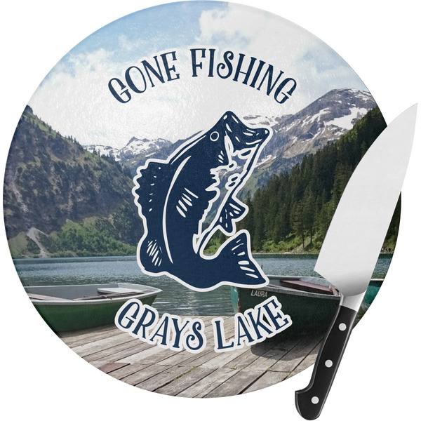 Custom Gone Fishing Round Glass Cutting Board - Small (Personalized)