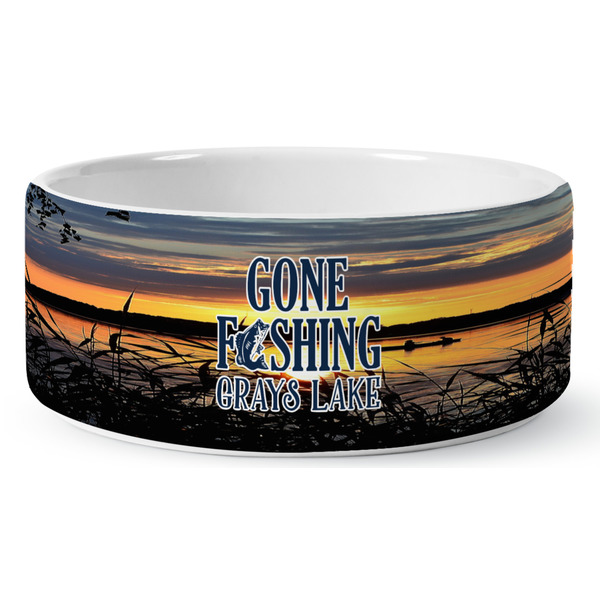 Custom Gone Fishing Ceramic Dog Bowl - Medium (Personalized)