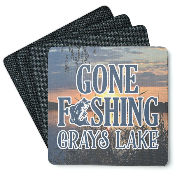 Custom Gone Fishing Square Rubber Backed Coasters - Set of 4 (Personalized)