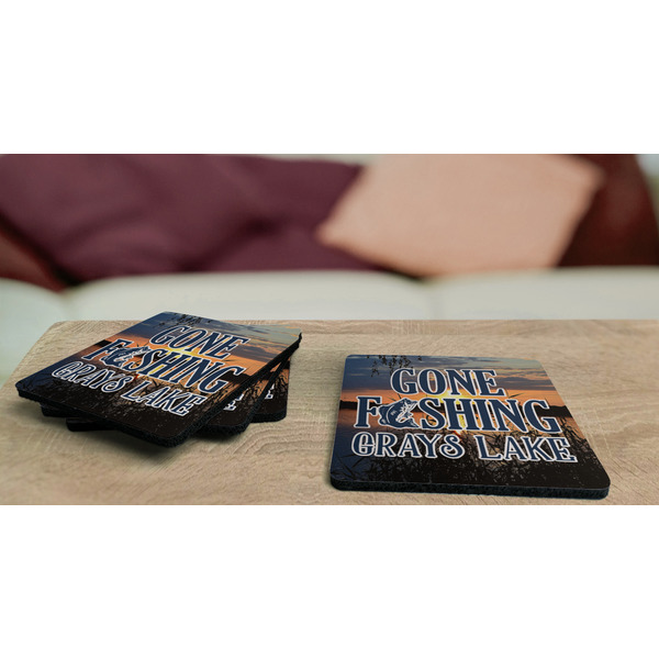 Gone Fishing Coaster Rubber Back - On Coffee Table