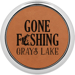 Gone Fishing Leatherette Round Coaster w/ Silver Edge - Single or Set (Personalized)