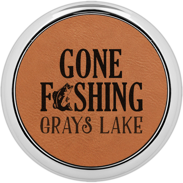 Custom Gone Fishing Set of 4 Leatherette Round Coasters w/ Silver Edge (Personalized)
