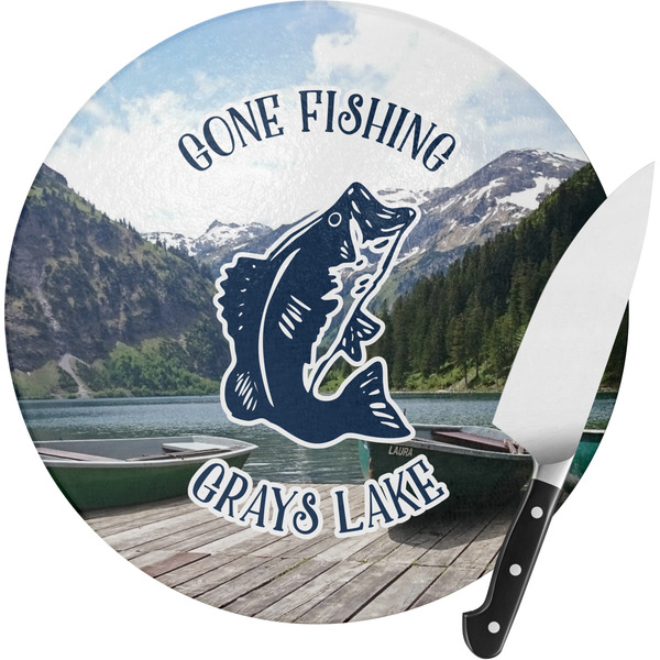 Custom Gone Fishing Round Glass Cutting Board - Medium (Personalized)