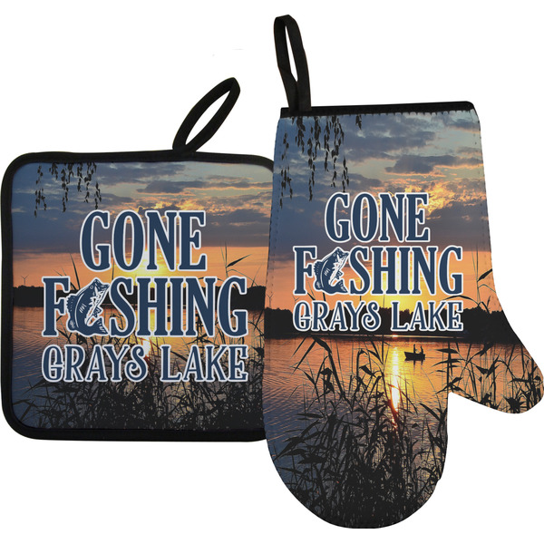 Custom Gone Fishing Right Oven Mitt & Pot Holder Set w/ Photo