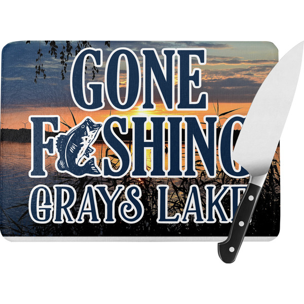 Custom Gone Fishing Rectangular Glass Cutting Board - Large - 15.25"x11.25" (Personalized)