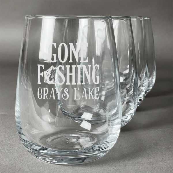 Custom Gone Fishing Stemless Wine Glasses (Set of 4) (Personalized)