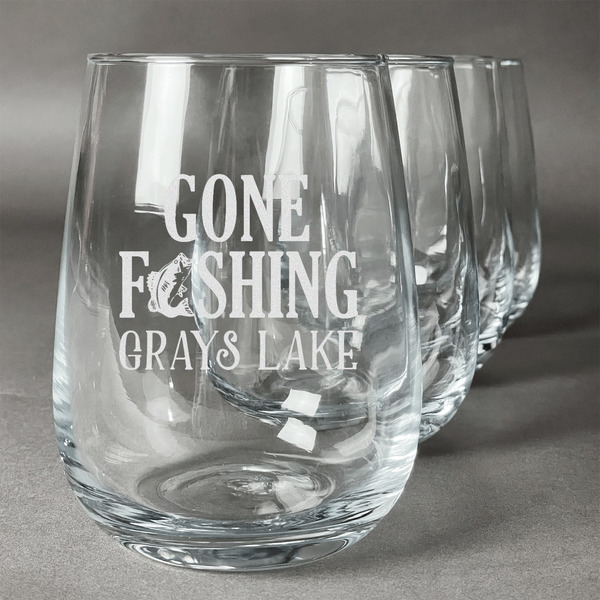 Custom Gone Fishing Stemless Wine Glasses (Set of 4) (Personalized)