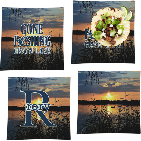 Custom Gone Fishing Set of 4 Glass Square Lunch / Dinner Plate 9.5" (Personalized)