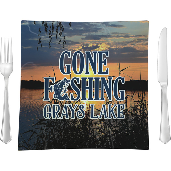 Custom Gone Fishing 9.5" Glass Square Lunch / Dinner Plate- Single or Set of 4 (Personalized)