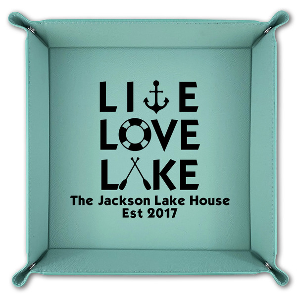 Live Love Lake 9" x 9" Teal Leatherette Snap Up Tray - FOLDED