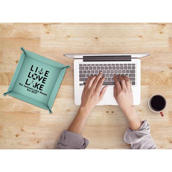 Live Love Lake 9" x 9" Teal Leatherette Snap Up Tray - LIFESTYLE