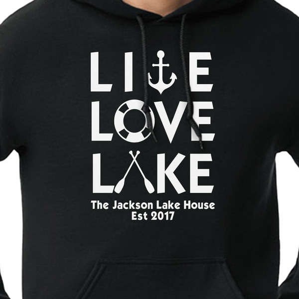 Live Love Lake Black Hoodie on Model - CloseUp