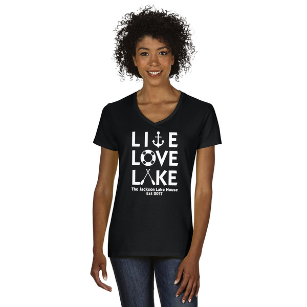 Custom Live Love Lake Women's V-Neck T-Shirt - Black - Large (Personalized)