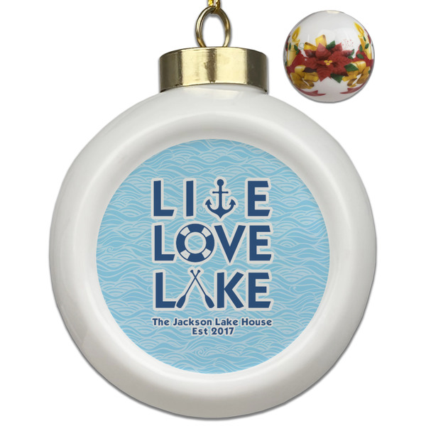 Custom Live Love Lake Ceramic Ball Ornaments - Poinsettia Garland (Personalized)