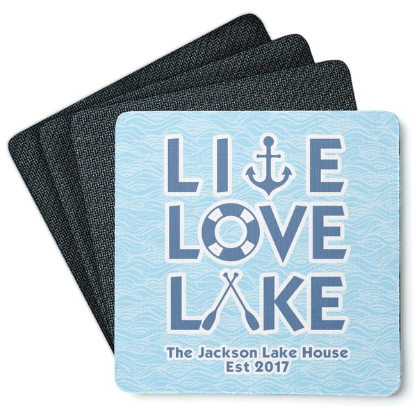 Custom Live Love Lake Square Rubber Backed Coasters - Set of 4 (Personalized)