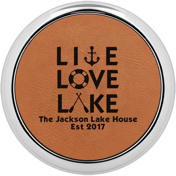Custom Live Love Lake Set of 4 Leatherette Round Coasters w/ Silver Edge (Personalized)