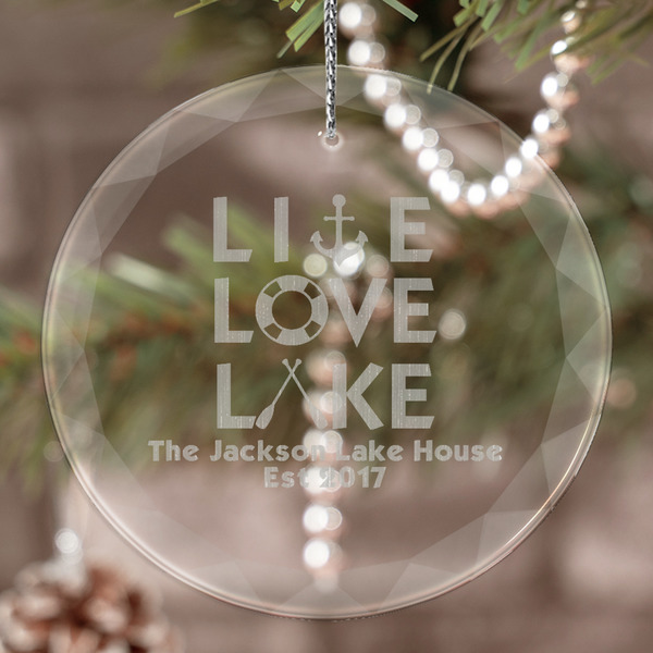 Custom Live Love Lake Engraved Glass Ornament (Personalized)