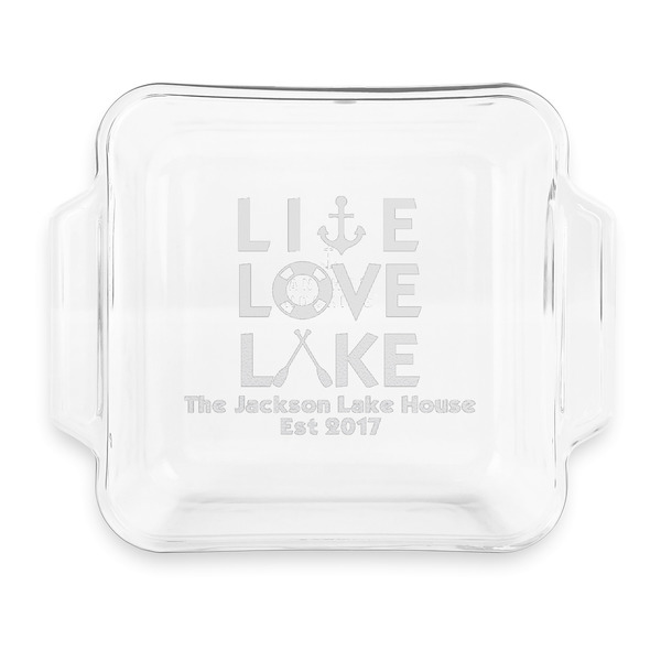 Custom Live Love Lake Glass Cake Dish with Truefit Lid - 8in x 8in (Personalized)