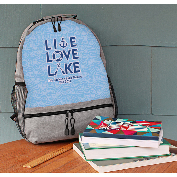 Live Love Lake Large Backpack - Gray - On Desk