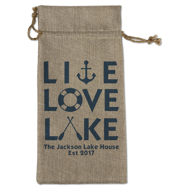 Custom Live Love Lake Large Burlap Gift Bag - Front (Personalized)
