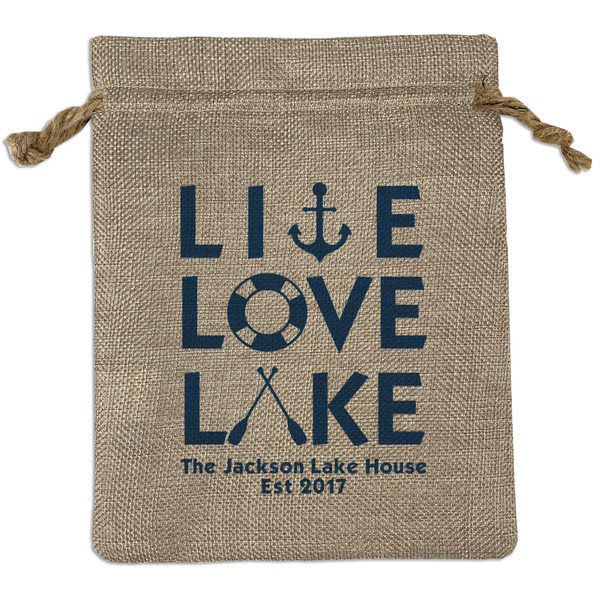 Custom Live Love Lake Medium Burlap Gift Bag - Front (Personalized)