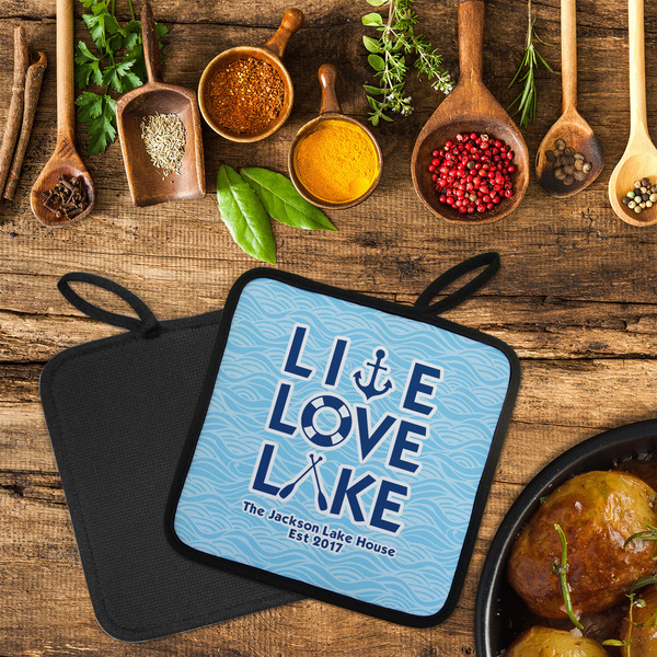 Live Love Lake Neoprene Pot Holder - Set of 2  LIFESTYLE (Flatlay)