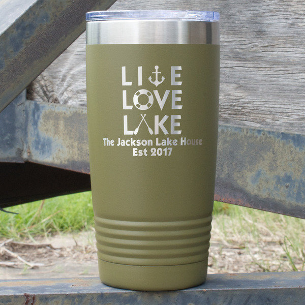 Custom Live Love Lake 20 oz Stainless Steel Tumbler - Olive - Single Sided (Personalized)