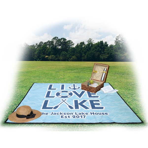 Live Love Lake Picnic Blanket - with Basket Hat and Book - in Use