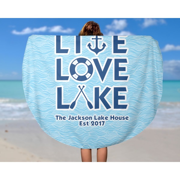 Live Love Lake Round Beach Towel - In Use