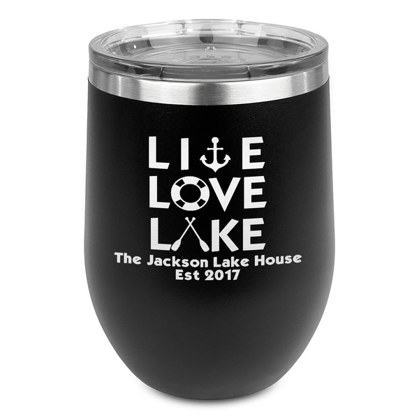 Custom Live Love Lake Stemless Stainless Steel Wine Tumbler - Black - Double Sided (Personalized)