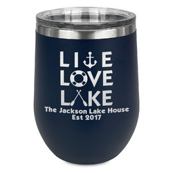 Live Love Lake Stemless Stainless Steel Wine Tumbler - Navy - Double Sided (Personalized)