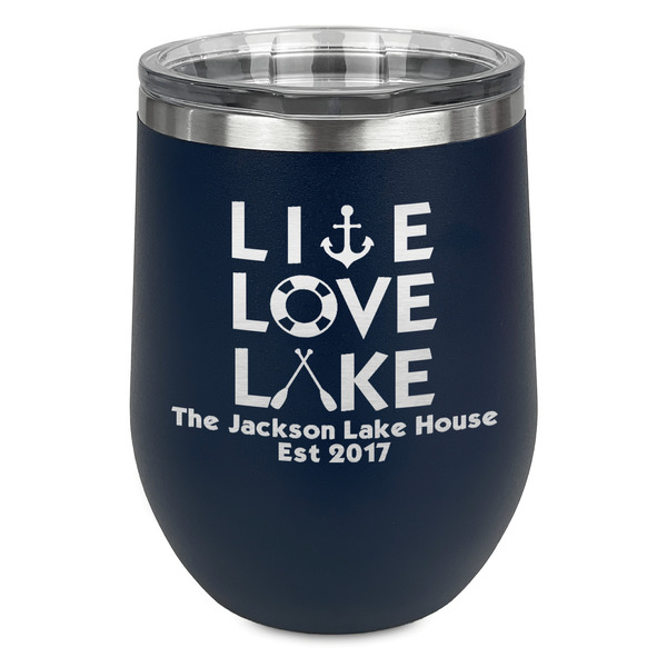 Custom Live Love Lake Stemless Stainless Steel Wine Tumbler - Navy - Single Sided (Personalized)