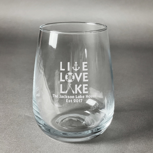 Custom Live Love Lake Stemless Wine Glass (Single) (Personalized)