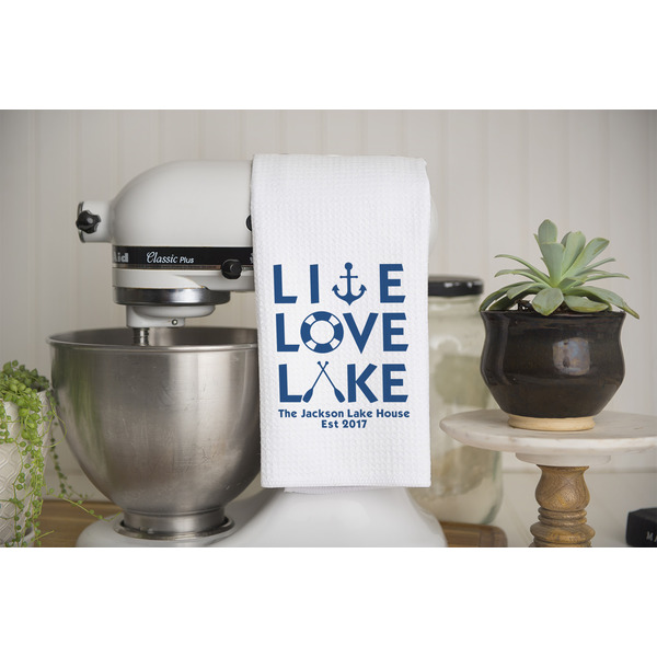 Live Love Lake Waffle Weave Towel - Lifestyle - Partial Print