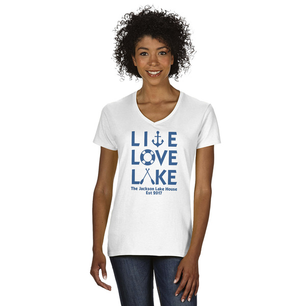 Custom Live Love Lake Women's V-Neck T-Shirt - White - XL (Personalized)