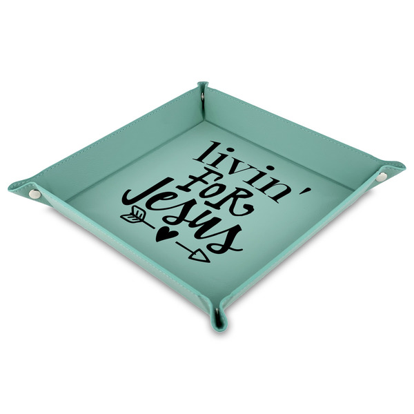 Custom Religious Quotes and Sayings Faux Leather Dice Tray - 9" x 9"  - Teal
