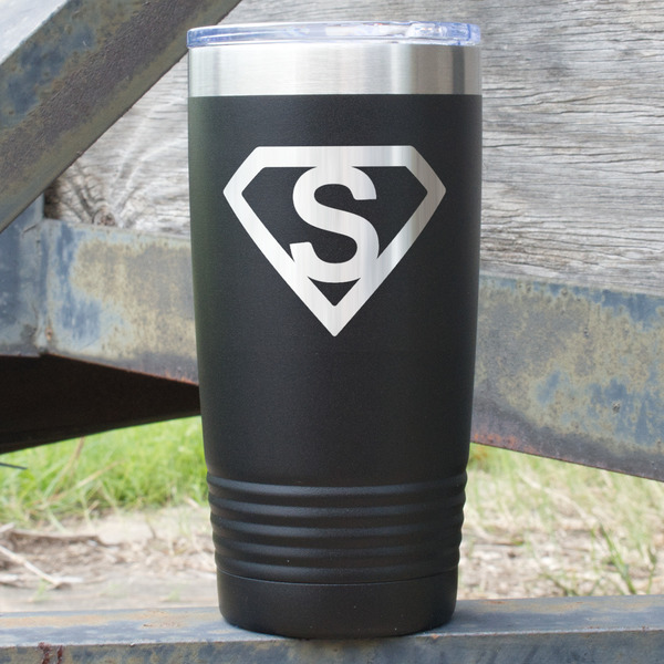 Custom Super Hero Letters 20 oz Stainless Steel Tumbler - Black - Double Sided (Personalized)
