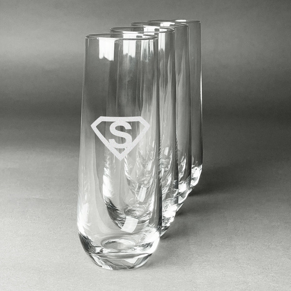 Custom Super Hero Letters Champagne Flute - Stemless Engraved - Set of 4