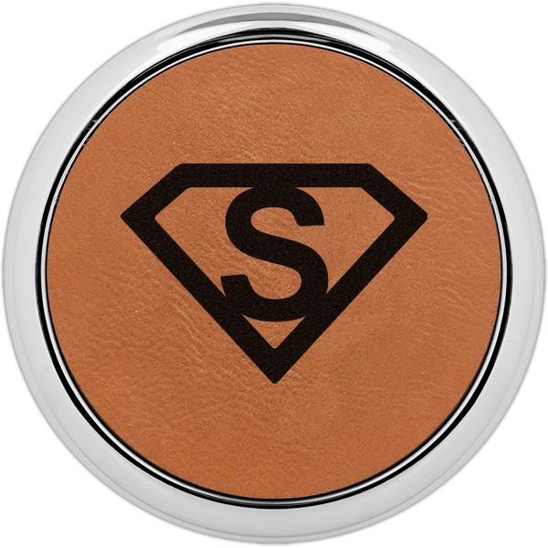 Custom Super Hero Letters Set of 4 Leatherette Round Coasters w/ Silver Edge