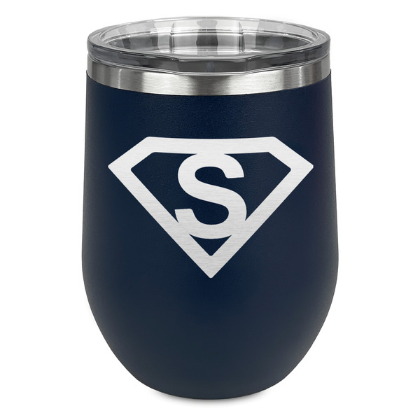 Custom Super Hero Letters Stemless Stainless Steel Wine Tumbler - Navy - Double Sided (Personalized)