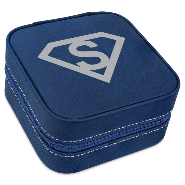Custom Super Hero Letters Travel Jewelry Box - Navy Blue Leather