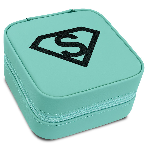 Custom Super Hero Letters Travel Jewelry Box - Teal Leather