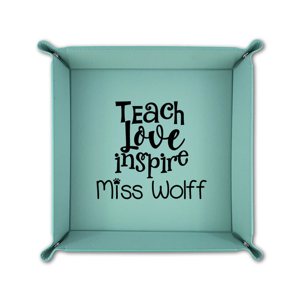 Teacher Quote 6" x 6" Teal Leatherette Snap Up Tray - FOLDED UP