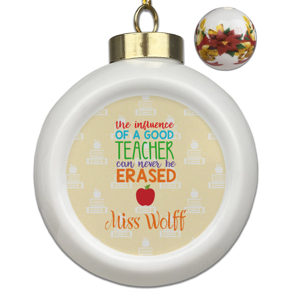 Custom Teacher Gift Ceramic Ball Ornaments - Poinsettia Garland (Personalized)