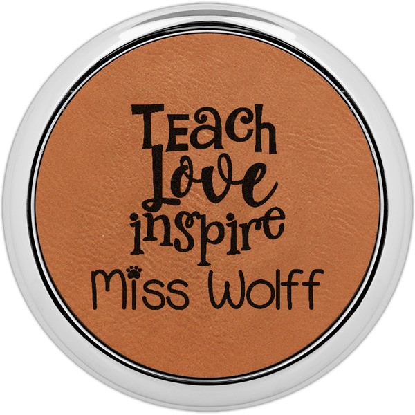Custom Teacher Gift Leatherette Round Coaster w/ Silver Edge (Personalized)