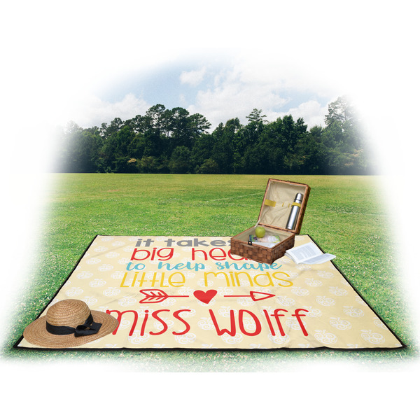 Teacher Quotes and Sayings Picnic Blanket - with Basket Hat and Book - in Use
