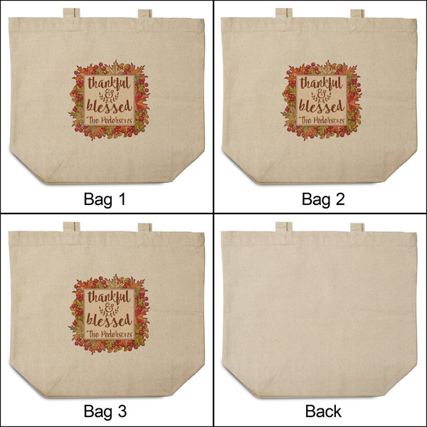 Thankful & Blessed 3 Reusable Cotton Grocery Bags - Front & Back View