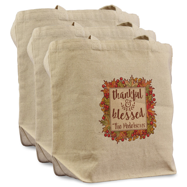 Custom Thankful & Blessed Reusable Cotton Grocery Bags - Set of 3 (Personalized)