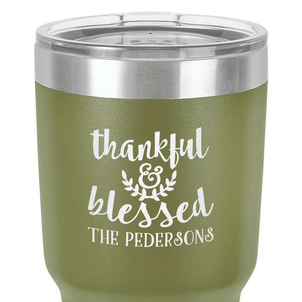 Thankful & Blessed 30 oz Stainless Steel Ringneck Tumbler - Olive - Close Up