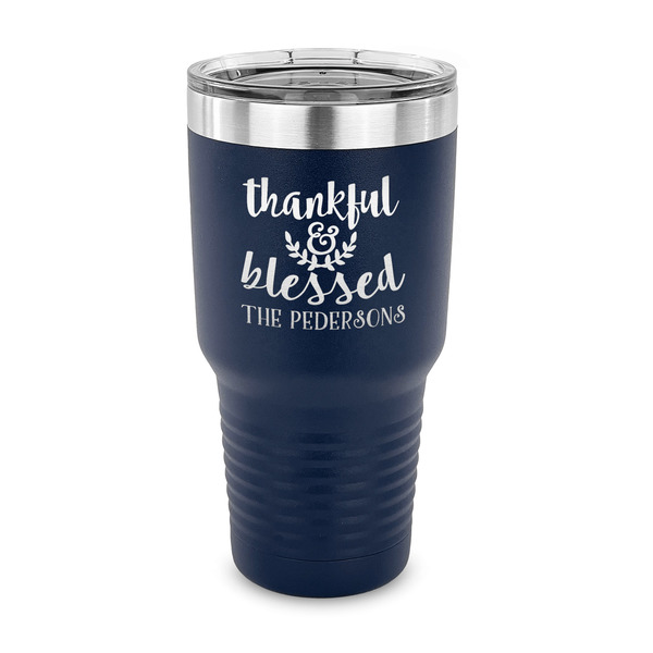 Custom Thankful & Blessed 30 oz Stainless Steel Tumbler - Navy - Single Sided (Personalized)